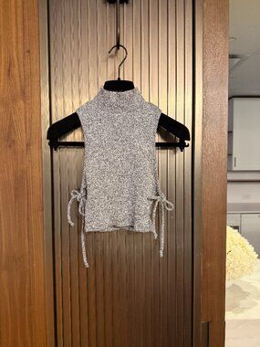 Grey Heather Ribbed Knit Mock Neck Tank | Open Side Tie Crop Top